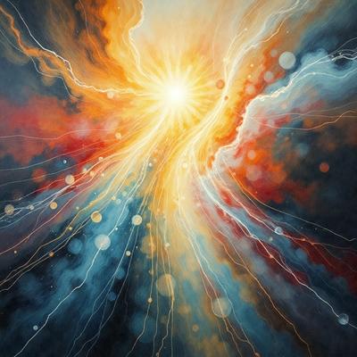 The primary subject of the image is a vibrant and colorful painting of a sunset. The setting is a dark background, which contrasts with the bright colors of the sunset. The visual style is a mix of digital art and illustration, creating a dynamic and artistic representation of the sunset. The dominant colors are orange, blue, and red, which evoke a warm and inviting atmosphere.